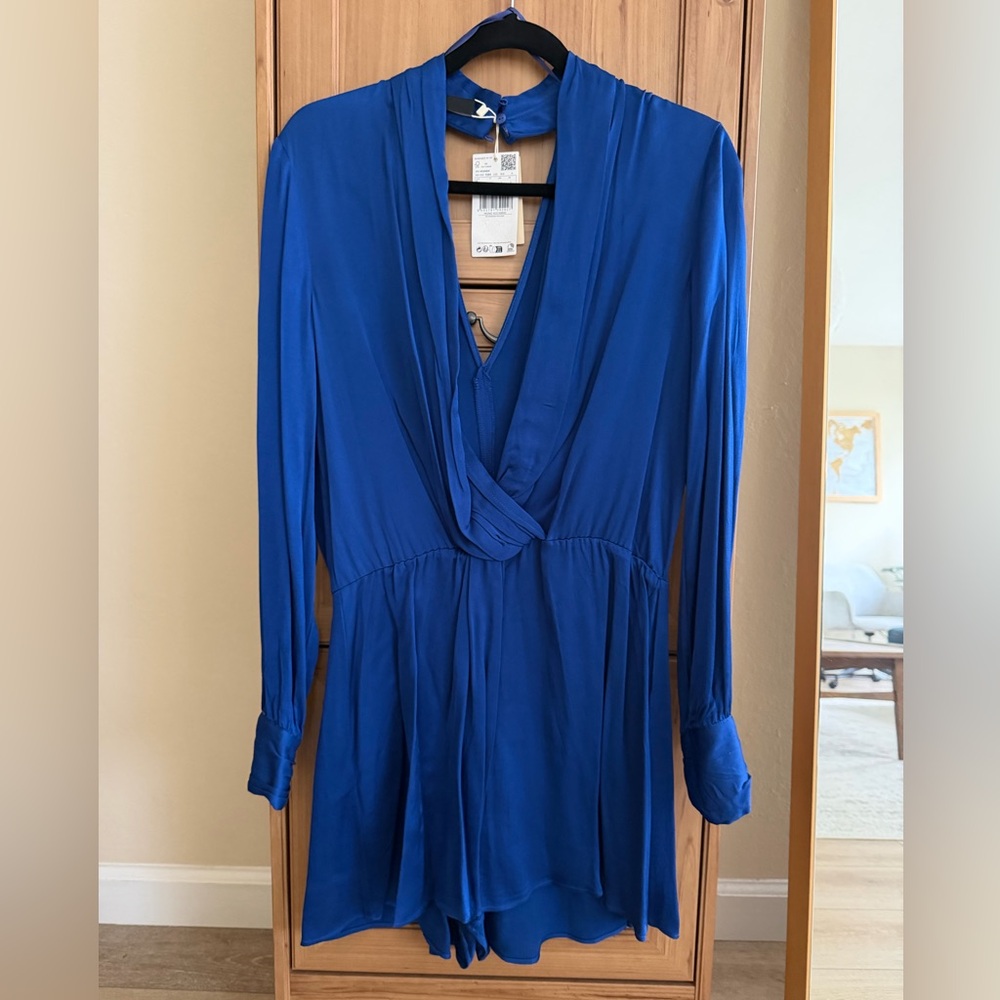 Mango Blue V-Neck Long Sleeve Jumpsuit